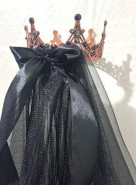 新款黑色蝴蝶结发光头纱皇冠珍珠幼儿园儿童玩具复古拍照道具婚纱