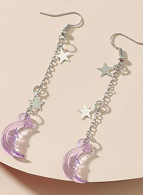 Colored Star Moon Earrings Long Moon Earrings耳环