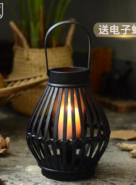 新中式落地黑色烛台摆件欧式竹编玻璃灯笼餐馆蜡烛台座托台风灯