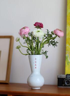 陶艺风铁斑小号花瓶 粗陶泥雾白色手工花器 复古质感桌面装饰摆设