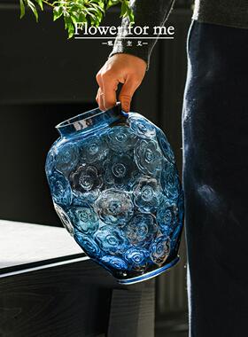 百合法式浮雕艺术水晶玻璃客厅插花摆件装饰欧式高级感银莲花瓶