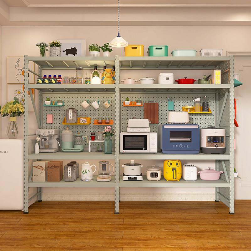 Gray green perforated board kitchen storage rack dining cabinet against the wall one-piece floor-standing multi-layer microwave oven storage shelf