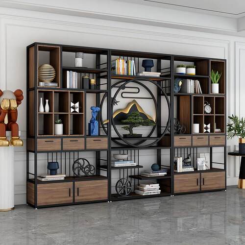 新中式铁艺博古架书架展示架办公室隔断柜餐厅实木茶柜茶室置物架 - 图2