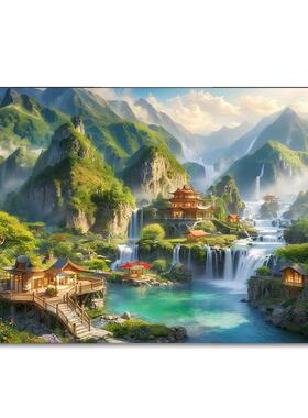 仙家堂口山水画挂画竖版香堂暗堂客厅人间仙境风景画3尺3仙堂装饰