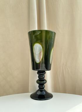 高级感中古花瓶高脚橄榄绿窗口手工玻璃艺术花器插花摆件