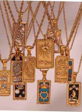 Stylish vintage rectangular zircon Tarot necklace塔罗牌项炼