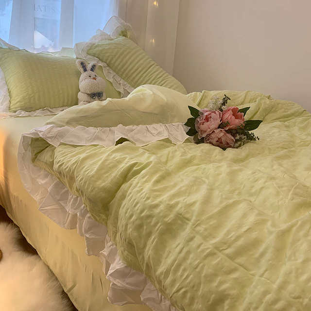 Ins girl heart bed skirt lace bedding bedding four-piece set milk green pure bed sheet student dormitory quilt cover three-piece set 4
