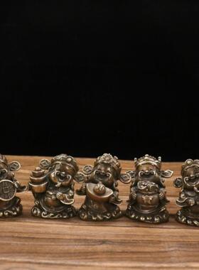 黄铜五路财神小号卡通古玩铜器收藏车载家居桌面小摆件铜雕工艺品