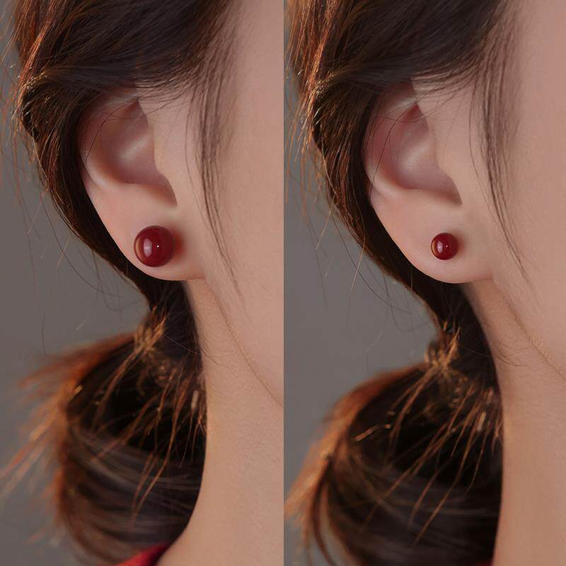 999纯银天然朱砂耳钉女新年本命年红色2025蛇年耳环过年礼物耳饰