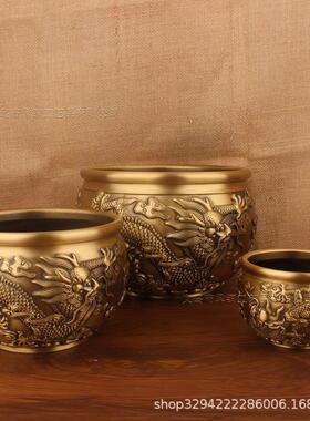 双龙黄铜招财铜缸摆件办公室创意香炉家居龙缸中式装饰摆饰