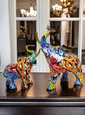 客厅高端精致摆件欧美大象家居客厅酒柜玄关装饰品摆设树脂工艺品