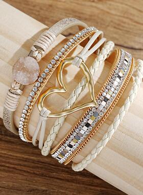 Leather bracelet 6-piece set希音爆款PU心形装饰皮手链6件套