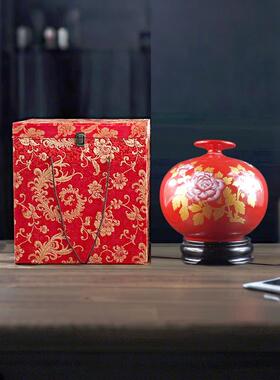 德化中国红陶瓷石榴牡丹花瓶摆件工艺品轻奢高档客厅高级感大口径