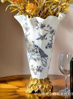 欧式陶瓷花瓶镶铜软装别墅奢华玄关摆件全铜大号花器工艺品摆设