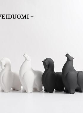 欧式黑白陶瓷马摆件现代家居样板房高档创意酒柜电视柜装饰品摆设