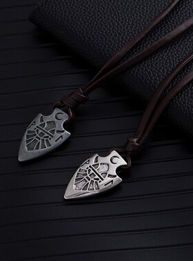 欧美跨境热销皮绳恶魔死神项链维京指南针罗盘符文毛衣链男士颈链