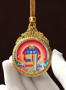 藏式黄铜画框描金唐卡吊坠五条莲花经文双面八大守护神黄财神五爷