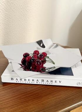 现代简约银色镜面不锈钢褶皱方形果盘托盘摆件样板房软装饰品