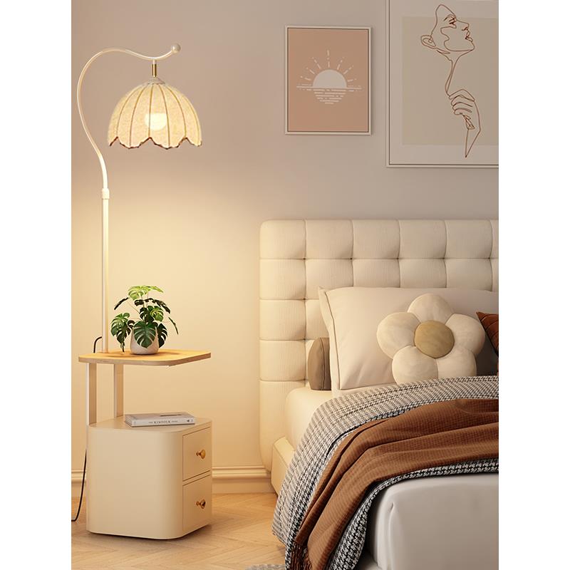 落地灯实木床头柜一体中古风卧室高级感客厅沙发边氛围边几立式灯 - 图3