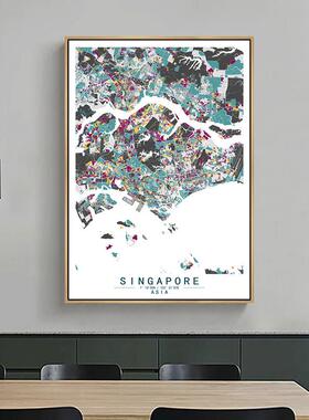 新加坡艺术抽象城市色块地图装饰画现代餐厅房间办公室挂画