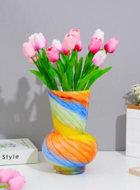高级感手工琉璃花瓶客厅摆件水培插花彩色条纹玻璃装饰品彩虹瓶