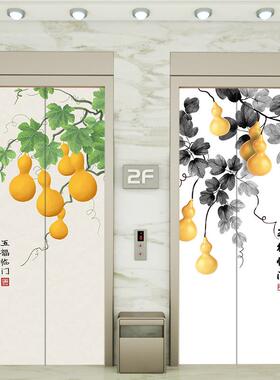 中式电梯门贴纸门贴创意防水翻新装饰贴画入户电梯口贴玄关画定制