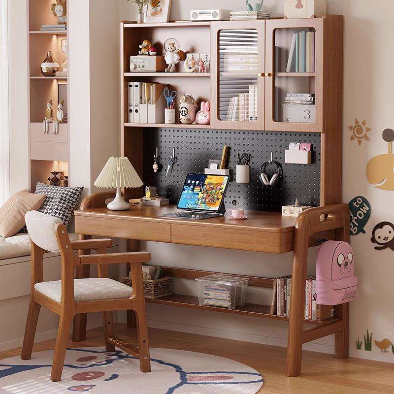 Solid wood children's study table desk bookshelf integrated student desk home simple writing desk hole board computer desk
