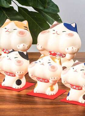 日本进口龙虎作陶土手绘可爱大脸福气猫猫存钱罐陶瓷摆件家居饰品