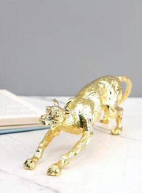 现代简约电镀金属豹子动物雕塑摆件书房玄关酒店电视柜家居装饰品