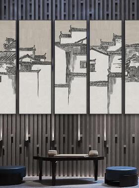 青画瓦白墙头QZ202205新中式徽派建五联客厅装饰茶室禅筑意画马墙