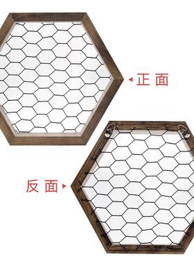 铁丝网装饰框架三件套亚马逊木质壁挂置物架创意摆件相框跨境