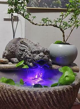 中式花缸桌面流水摆件循环鱼缸造景貔貅吐水办公室茶几书房装饰