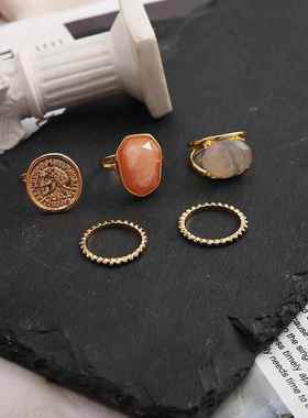 Joint ring set 5-piece Vintage relief portrait ring戒指5件套