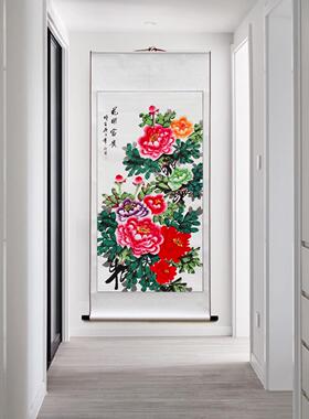 中式牡丹国画装饰画 手绘花开富贵挂画 宣纸卷轴装裱中堂画 北京