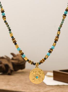 欧美跨境复古彩色绿松石手工串珠项链小众设计高级感不锈钢锁骨链