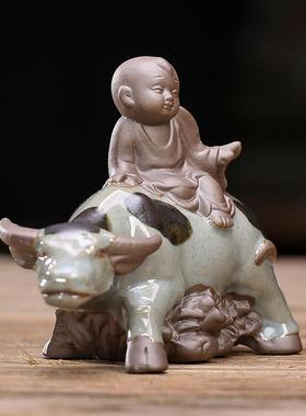 创意田园古风陶瓷牧童骑牛童子小摆件人物花宠植物盆造景桌面摆设