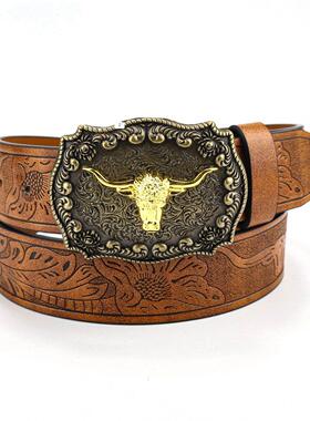 Denim belt cow head large plate buckle trendy 牛仔皮带牛头