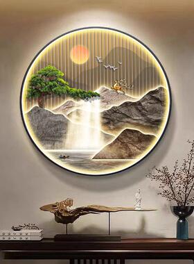 新中式玄关装饰画饭厅圆形带灯画茶室背景墙水墨山水挂画走廊壁画