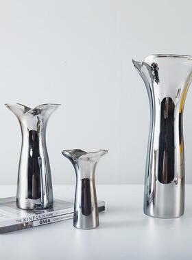 轻奢现代透明电镀银色喇叭玻璃花口炫彩玻璃花瓶插花器软装饰品