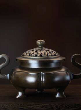 黄铜带盖儿海棠香炉香道铜摆件创意摆件家用办公室送礼