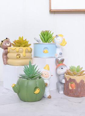 田园乡村园艺桌面小盆栽容器创意树脂多肉小兔子花盆微景观花器
