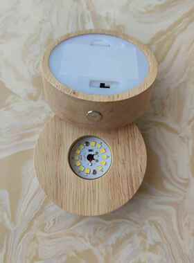 电池盒款实木圆形LED无线灯座工艺品水晶球奇石发光底座无极调光