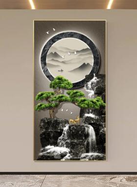现代中式玄关装饰画迎客松正对入户门走廊过道背景墙挂画带灯版画
