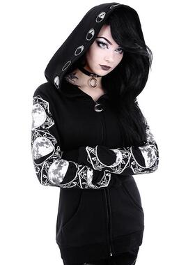 Black Peng hooded moon print long sleeved hoodie for