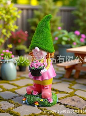 新款太阳能女孩抱花篮摆件花园庭院阳台树脂装饰人物雕像摆件