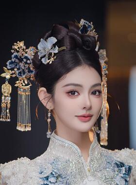 蓝色秀禾发饰新娘中式头饰汉服晨袍旗袍配饰品造液花步摇古风饰品