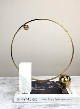 简约现代黑色大理石金属装饰球圆环屏风摆件客厅书房样板间装饰品