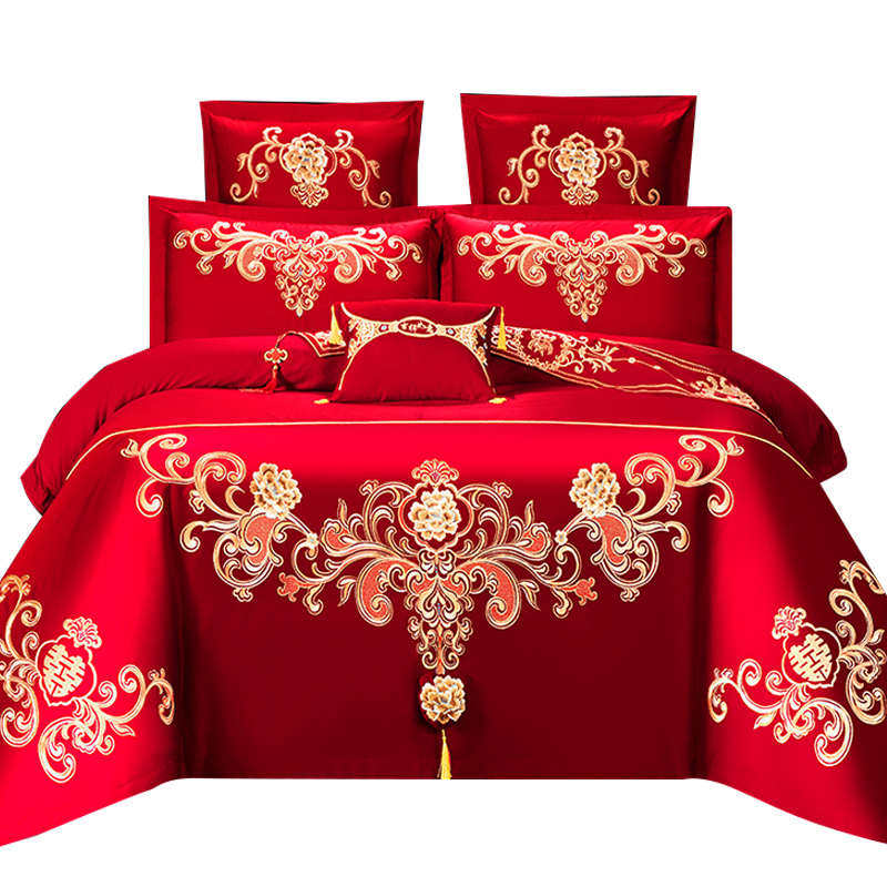 中式红色婚庆喜被四件套结婚高档婚纯棉全棉被套婚床陪嫁床上用品,淘宝优惠券,粉丝福利购,淘宝优惠卷