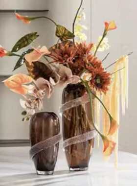 现代轻奢酒店样板间客厅餐厅桌面摆件琥珀色琉璃花瓶搭配组合套装