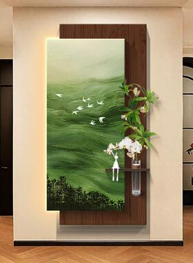 水培绿植玄关装饰画入户正对门挂画造景中古风客厅走廊过道壁画灯